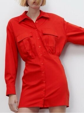 Zara Red Button-Front Shirt Dress - Size M